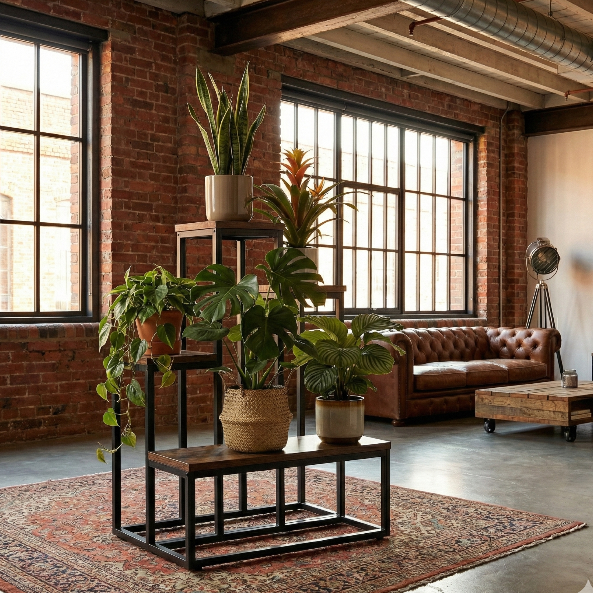 Loftový stojan na rostliny, černý kovový regál na květiny v industriálním stylu, moderní květinový stolek