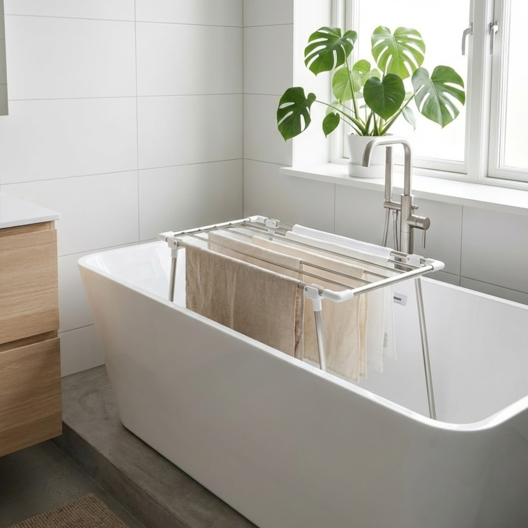 Kovový vanový sušák na prádlo, úsporné řešení pro sušení ručníků v koupelně