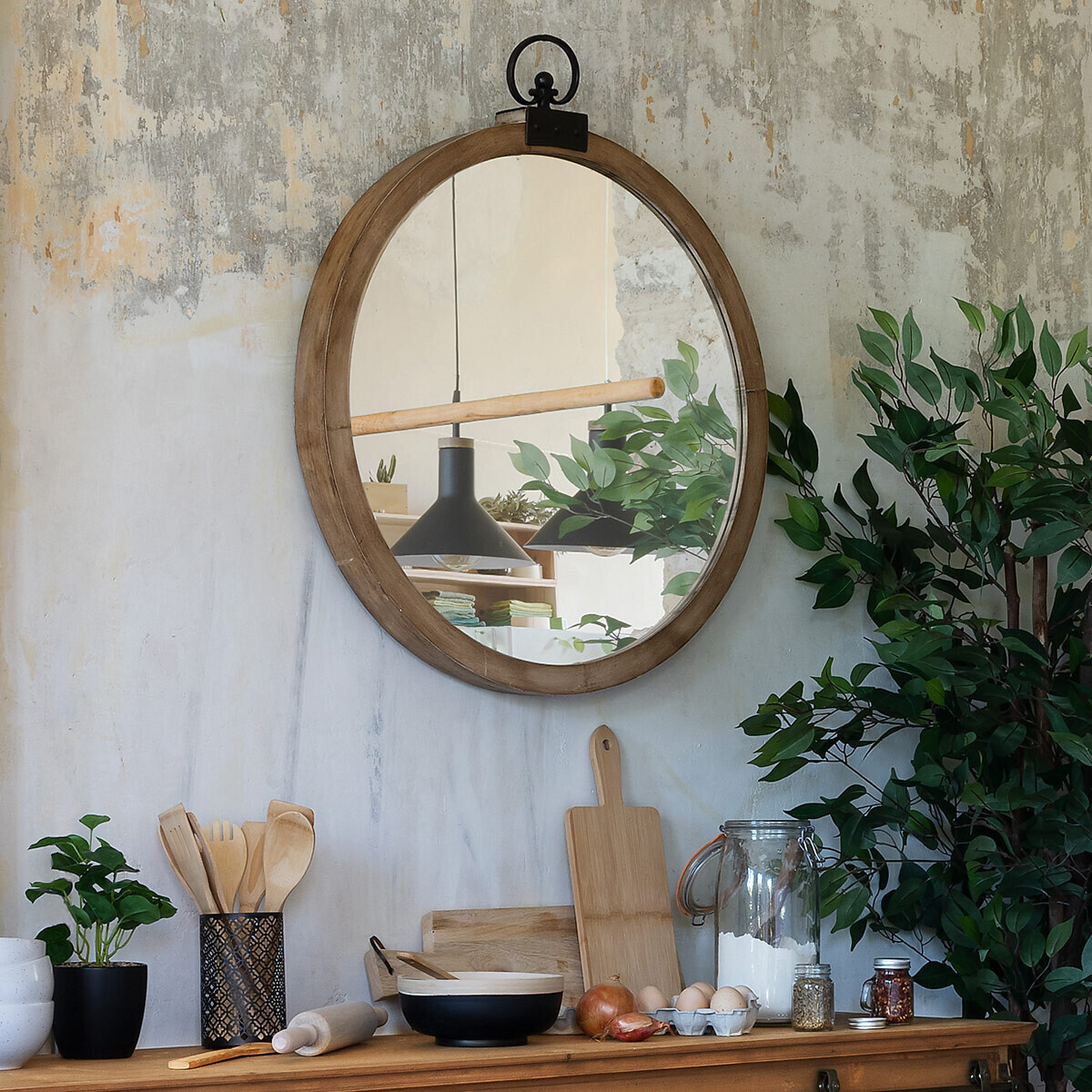 Nástěnné zrcadlo v dřevěném rámu v loftovém stylu, kulaté dekorativní zrcadlo do kuchyně nebo předsíně