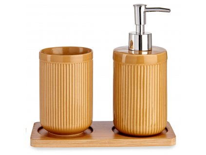 Koupelnová keramická sada na bambusovém tácku, dávkovač mýdla + hrnek