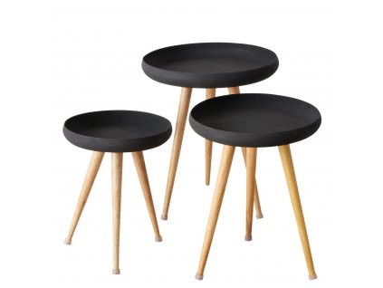 Kávové stolky v loftovém stylu s černou deskou a nohama z mangového dřeva MASDOUR, 3 ks
