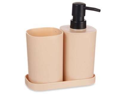 Dávkovač mýdla s kelímek na zubní kartáčky s táckem, plastový, 3 prvky, béžová