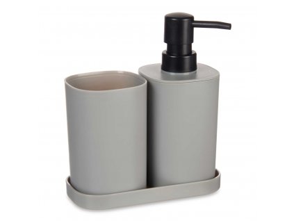 Dávkovač mýdla s kelímek na zubní kartáčky s táckem, plastový, 3 prvky, šedá