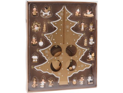 Skládací vánoční stromek s ozdobnými prvky, dřevěná ozdoba, 26 cm, hnědý