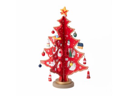 Skládací vánoční stromek s ozdoby, dřevěný, 26 cm