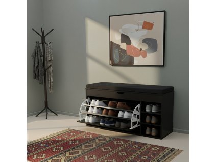 Botník černý se sedákem a výsuvnými policemi GRADIA, 100 x 34 x 50 cm