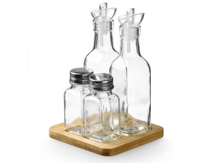 Sada na koření a olej s dřevěnou základnou, 4 díly