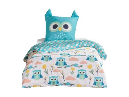 Dětské povlečení 140x200 cm LAZY MORNING, bavlněné, povlak s ušima, sova