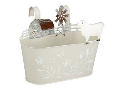 Kovový obal na květináč RANCH s motivem hospodářských zvířat, bílý, 34 cm