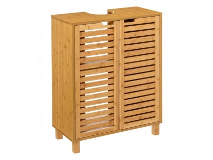 Skříňka pod umývadlo, bambusová skříňka s lamelovými dvířky v přírodní barvě dřeva