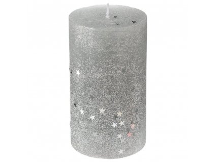 Kulatá svíčka s hvězdami, velikost L, stříbrná, 12 cm