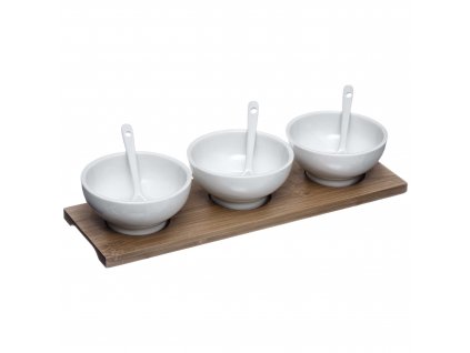 Snack set, 3 porcelánové mísy + lžíce a stojan