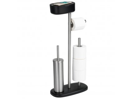 Stojan na toaletní papír a WC štětku s policí a úložným košem RIVAZZA, 4 v 1, černý