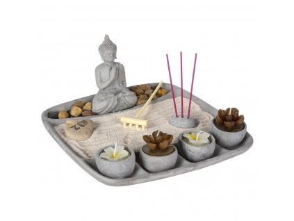 Sada svíček a vonných tyčinek s postavou buddhy, 24 x 23 cm, šedá.