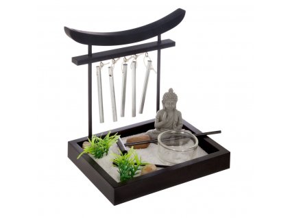 Dekorace s figurkou Buddhy a zvonkohrou ZEN GARDEN, 15 x 12 x 16,5 cm, černá