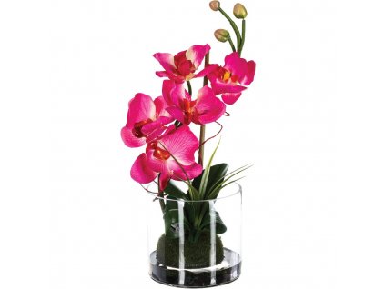 Růžová orchidej v skleněné váze, domácí dekorace, výška 37 cm