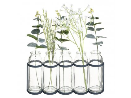 Skleněné vázy v kovovém stojanu s umělými květinami, zelená barva
