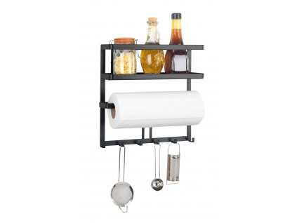 GALA multifunkční kuchyňská police s držákem na papírové utěrky a háčky, černá, WENKO
