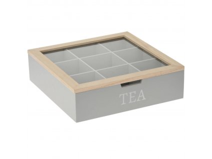 Krabička na čaj TEA, MDF, 24 x 24 x 7 cm, šedá