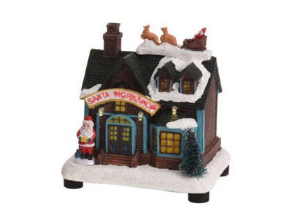 Vánoční LED dekorace - Vánoční dům se Santa Clausem a nápisem Santa Workshop, 15 x 12,5 x 9,5 cm