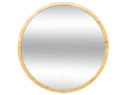 Koupelnové zrcadlo s LED podsvícením, bambusový rám, O 57 cm