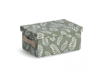 Úložný box s víkem, bavlněný, motiv listů, zelený, 28 x 19,5 x 13 cm