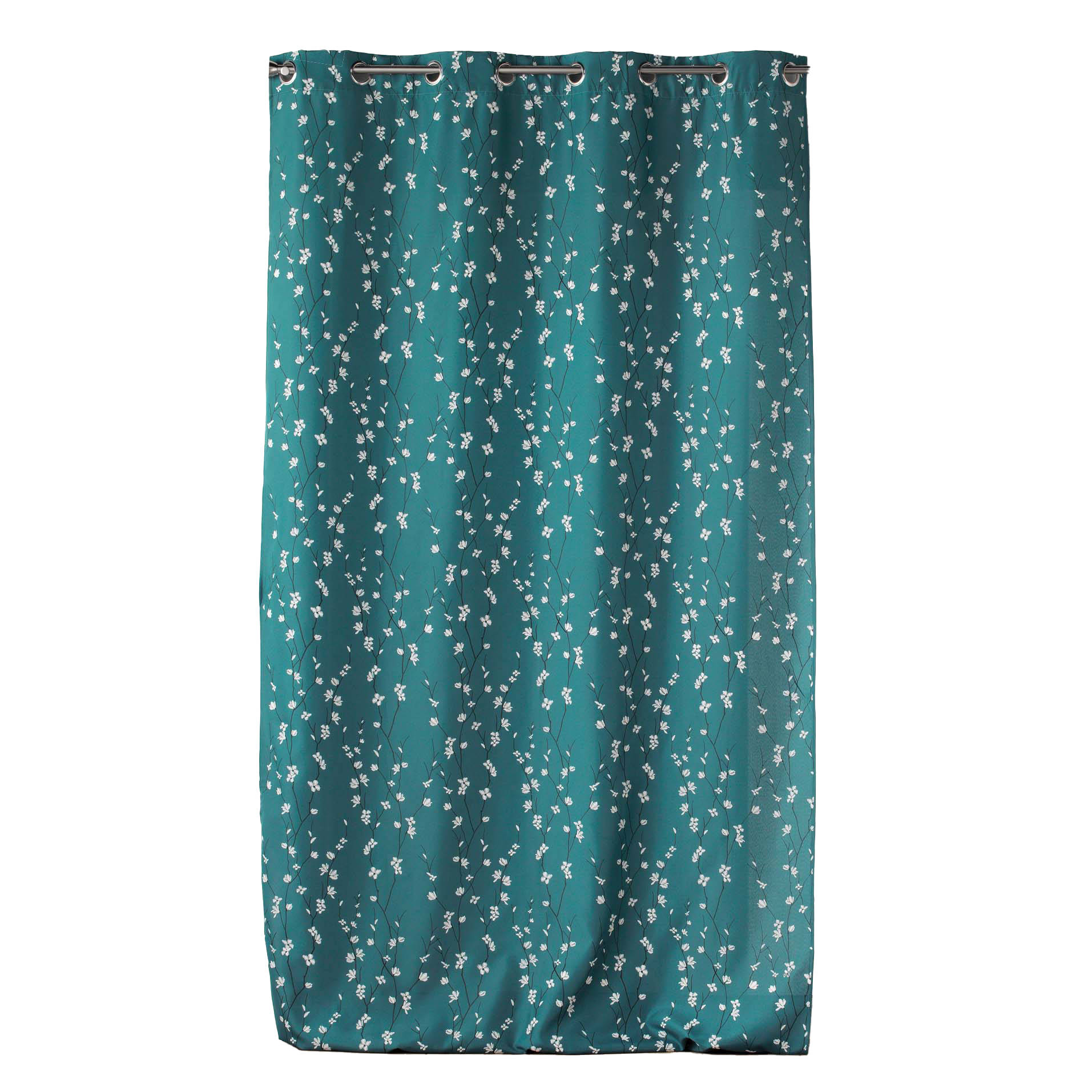 Douceur d'intérieur Závěs SAKURA s kroužky 140 x 260 cm, rostlinný vzor, modrý mořská modrá