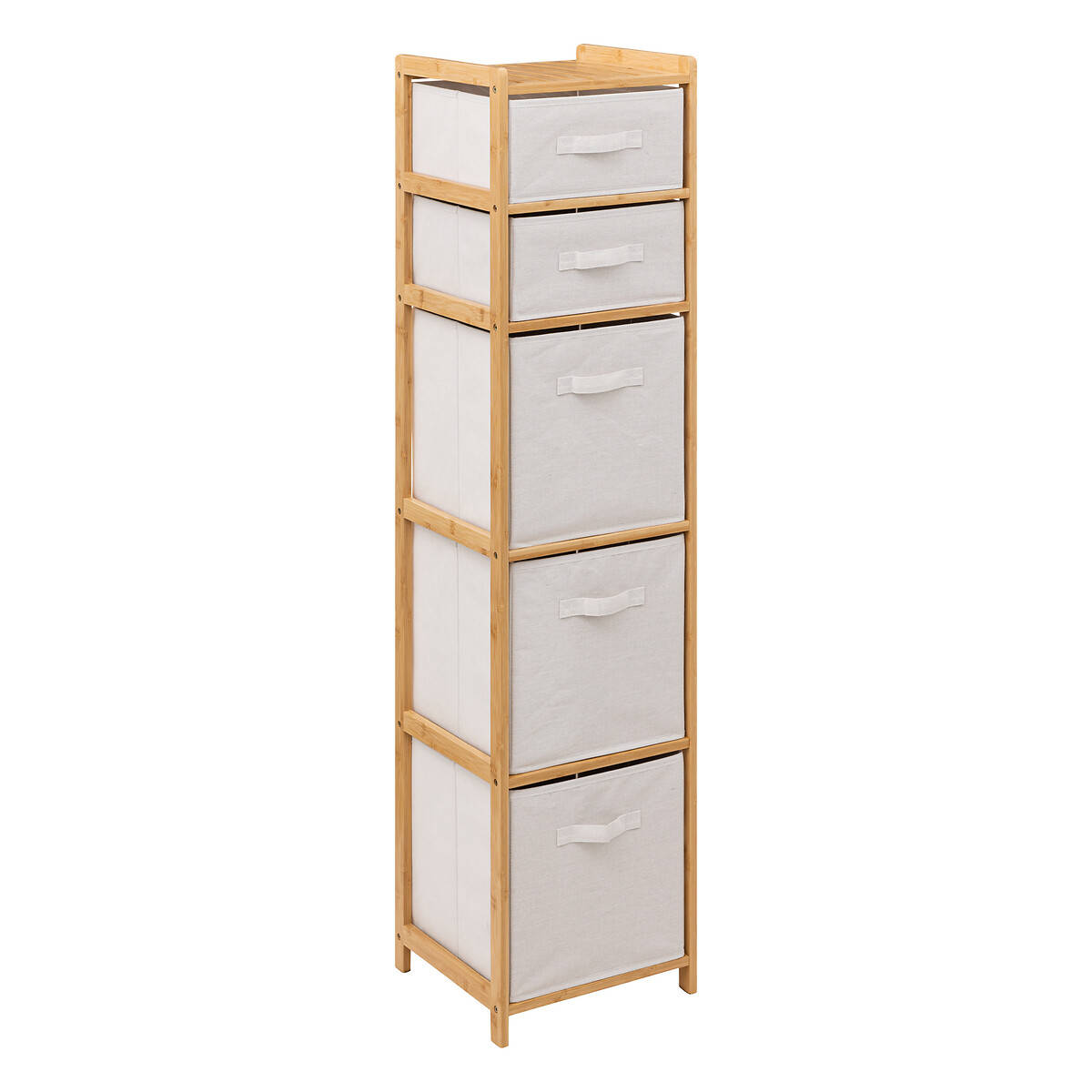 5five Simply Smart Vysoký bambusový regál TIDY s 5 textilními košíky, výš, 144,3 cm béžová