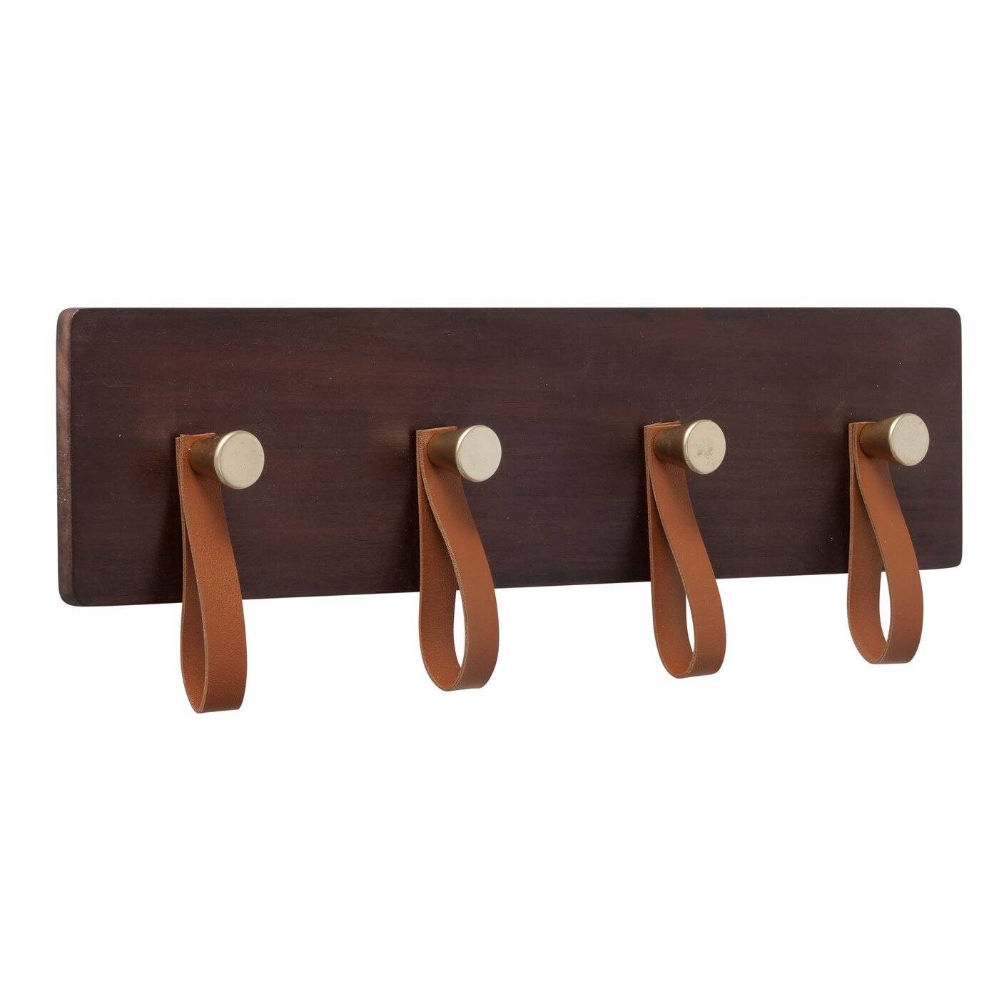 Boltze Home Nástěnný věšák na oblečení SKADO z borovice, s koženými držáky, 40 x 13 cm hnědá