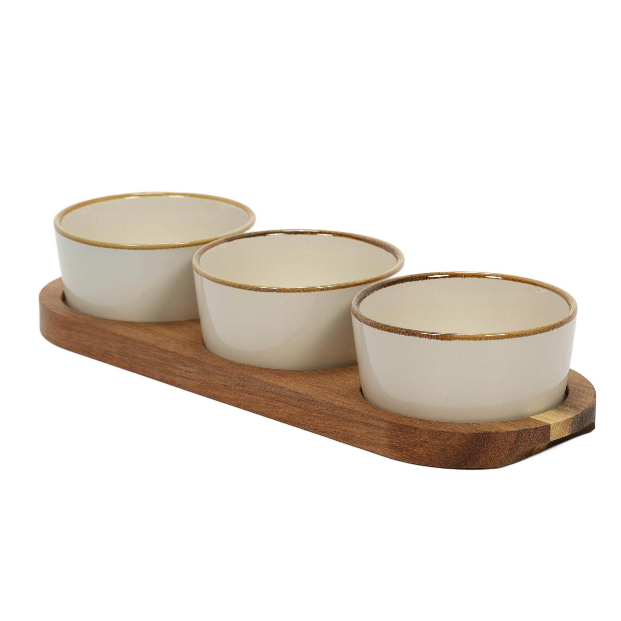 EH Excellent Houseware Sada porcelánových misek na servírování občerstvení, akáciový tácek hnědá
