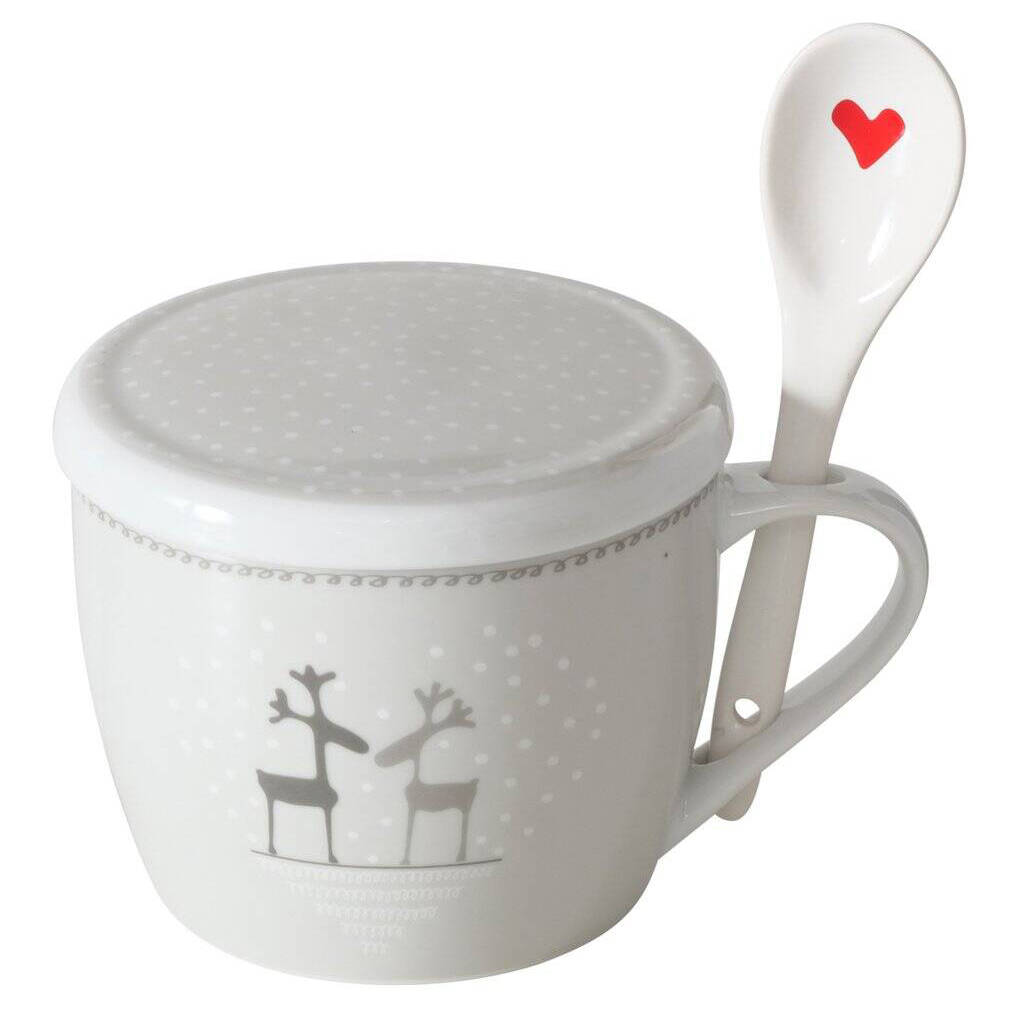 Boltze Home Vánoční hrnek jumbo s víkem a lžící LOVELIES, 600 ml šedá