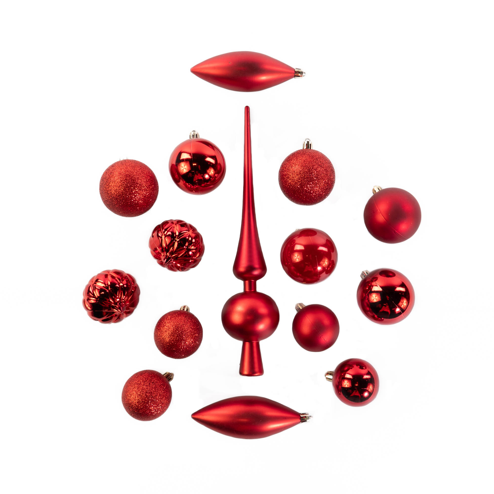 Home Styling Collection Sada ozdobných koulí různých tvarů s špičkou na vánoční stromek, 19 ks červená