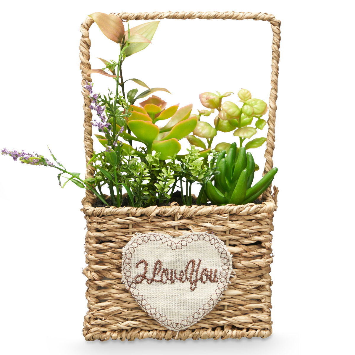 IBERGARDEN Umělé sukulenty LOVE, 12 x 21 cm, v pleteném košíku vícebarevná