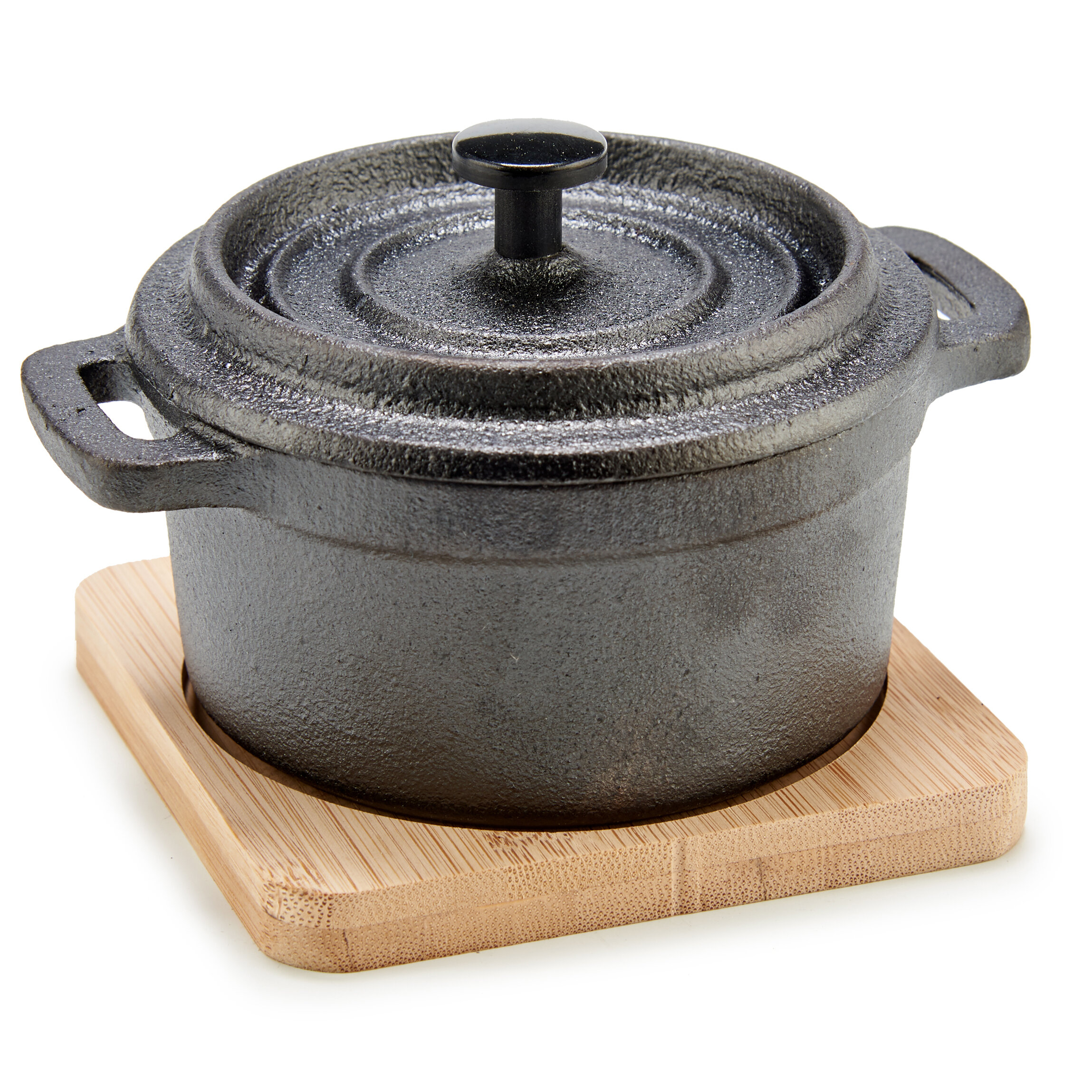 Kinvara Litinový hrnec na bambusové podložce SLATE, 13 x 10 x 8 cm černá