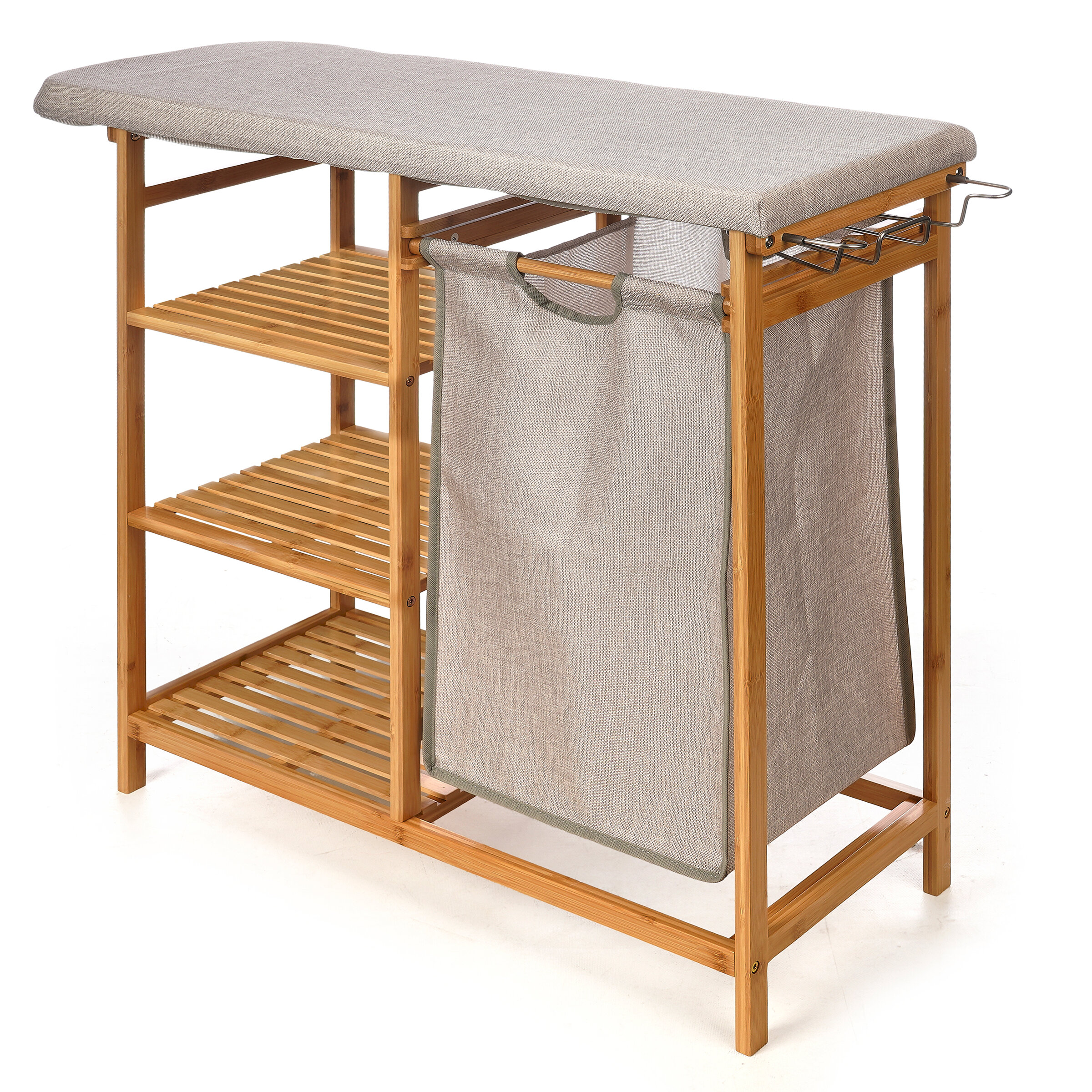 Kipit Bambusová skříňka s žehlicím prknem a košem na prádlo BAMY, 111 x 34 x 82 cm, šedá šedá