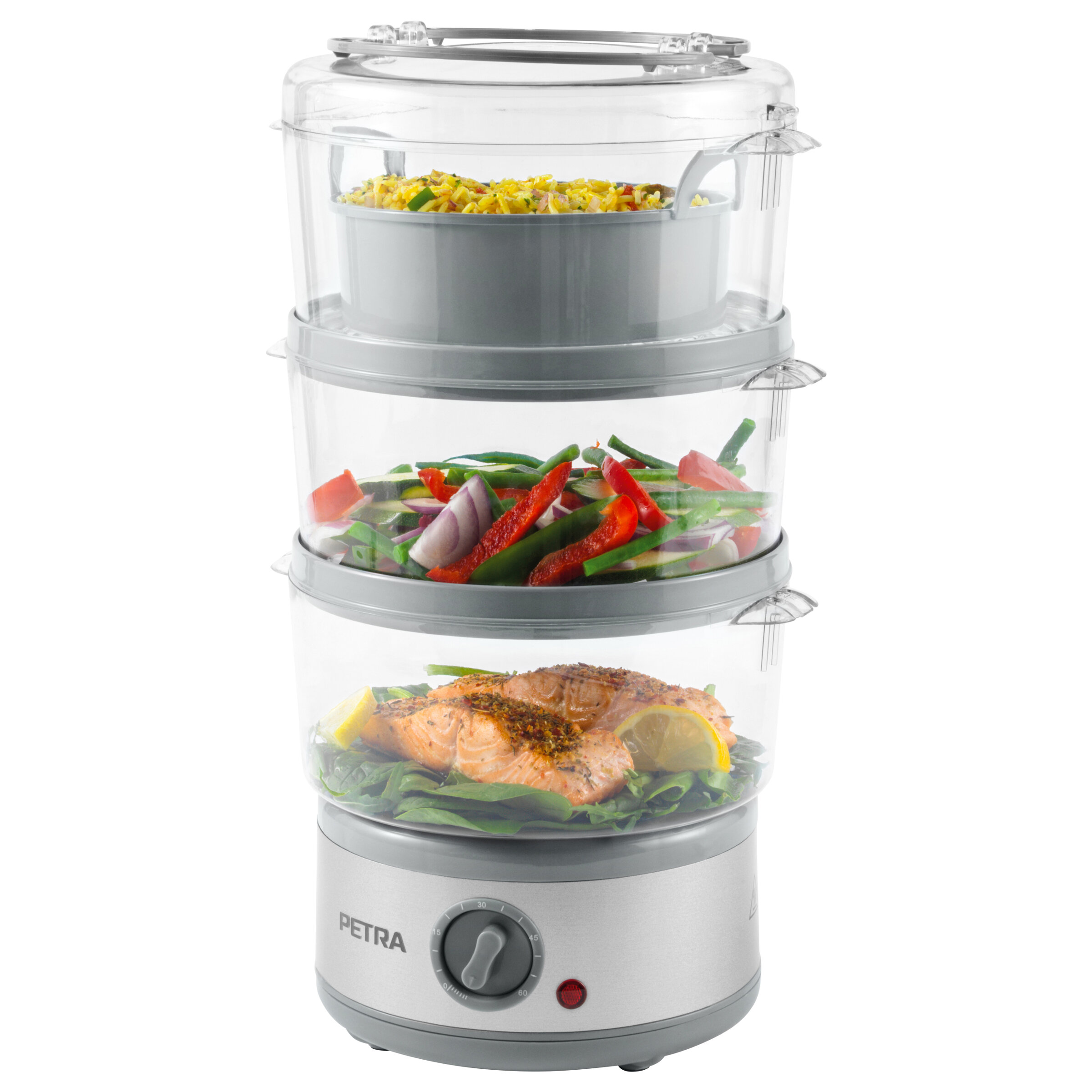 Tříúrovňový hrnec na vaření v páře PETRA, 500 W, 7,5 l stříbrná