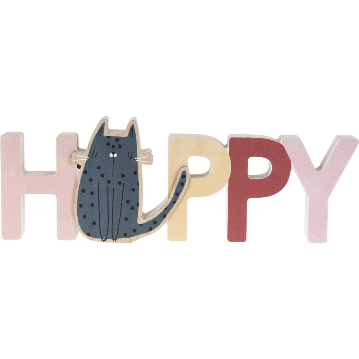 Home Styling Collection Dekorace do dětského pokoje Nápis a kočka HAPPY, dřevěná, 28 x 2,5 x 12 cm vícebarevný