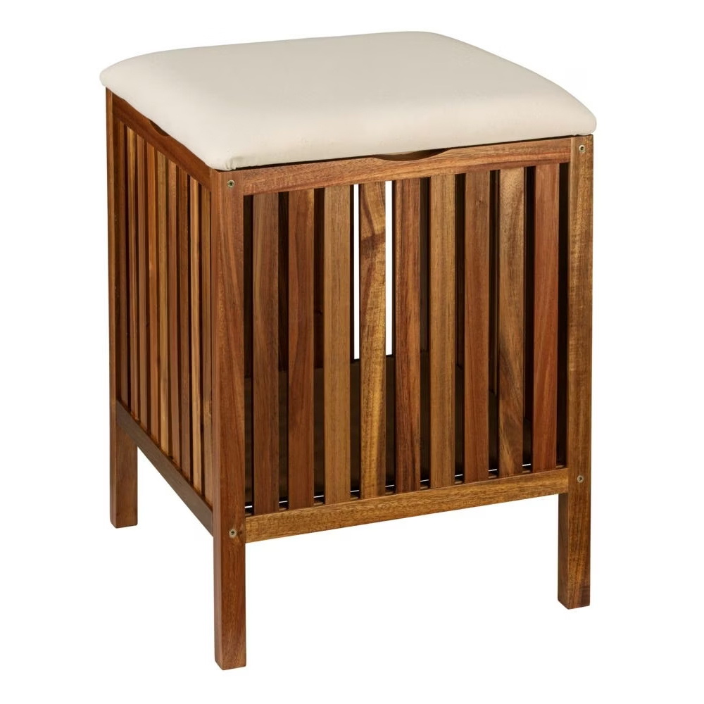 Wenko Dřevěná koupelnová lavice s košem FONDI, výška 52 cm hnědý