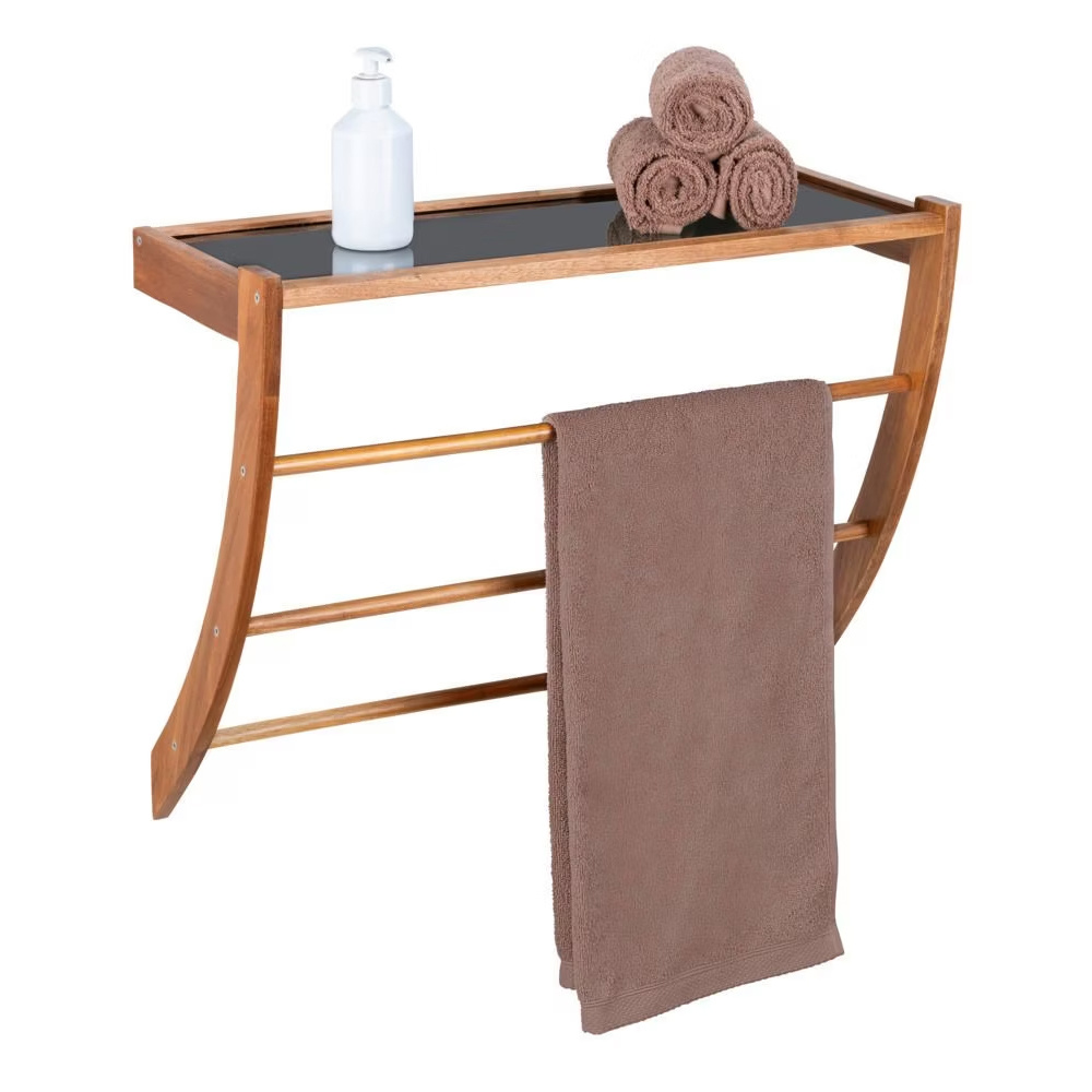 Wenko Dřevěná koupelnová polička s tyčí FONDI hnědý