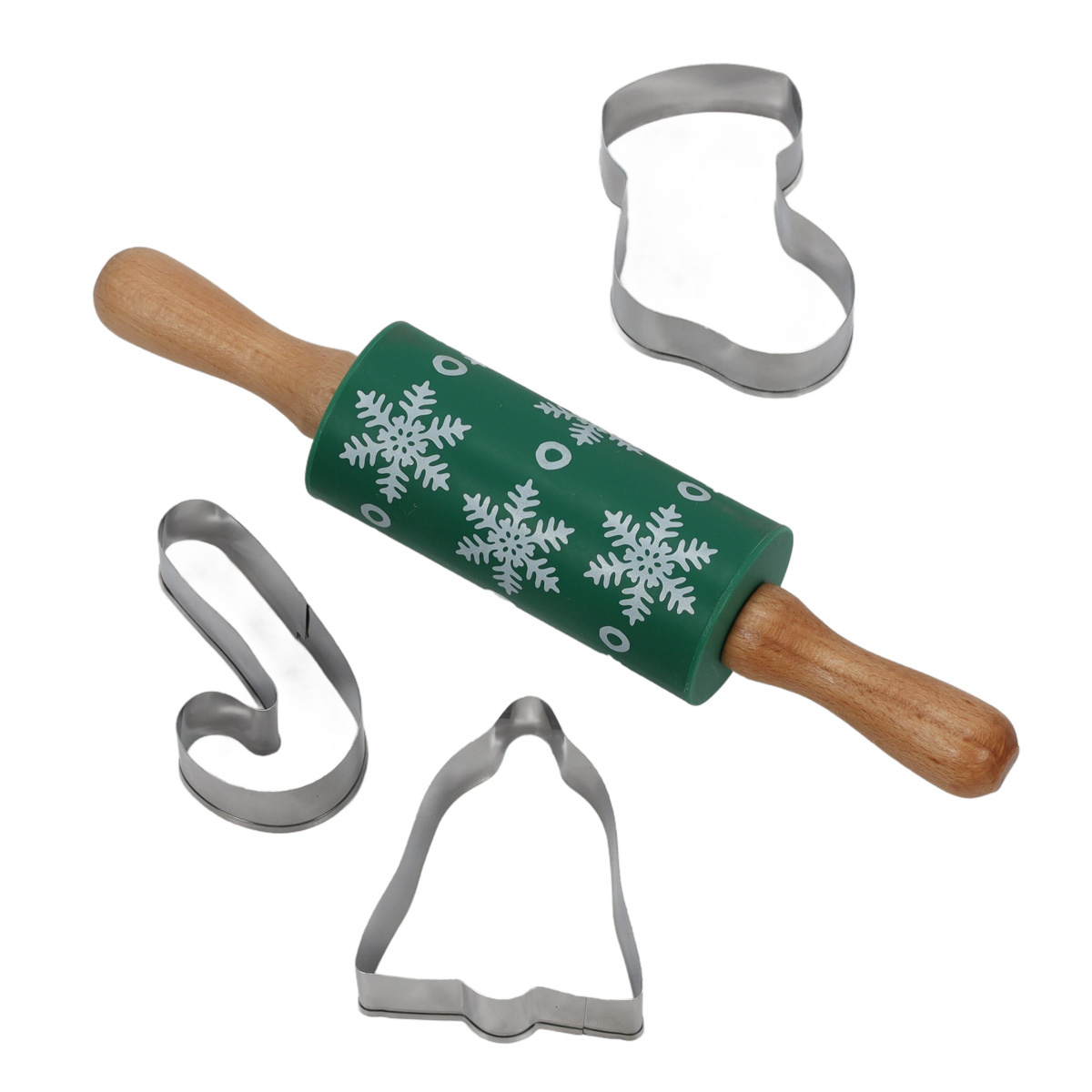 La Cucina Sada na pečení pro děti TIVOLA, mini váleček se vzorem sněhových vloček + 3 formičky zelený
