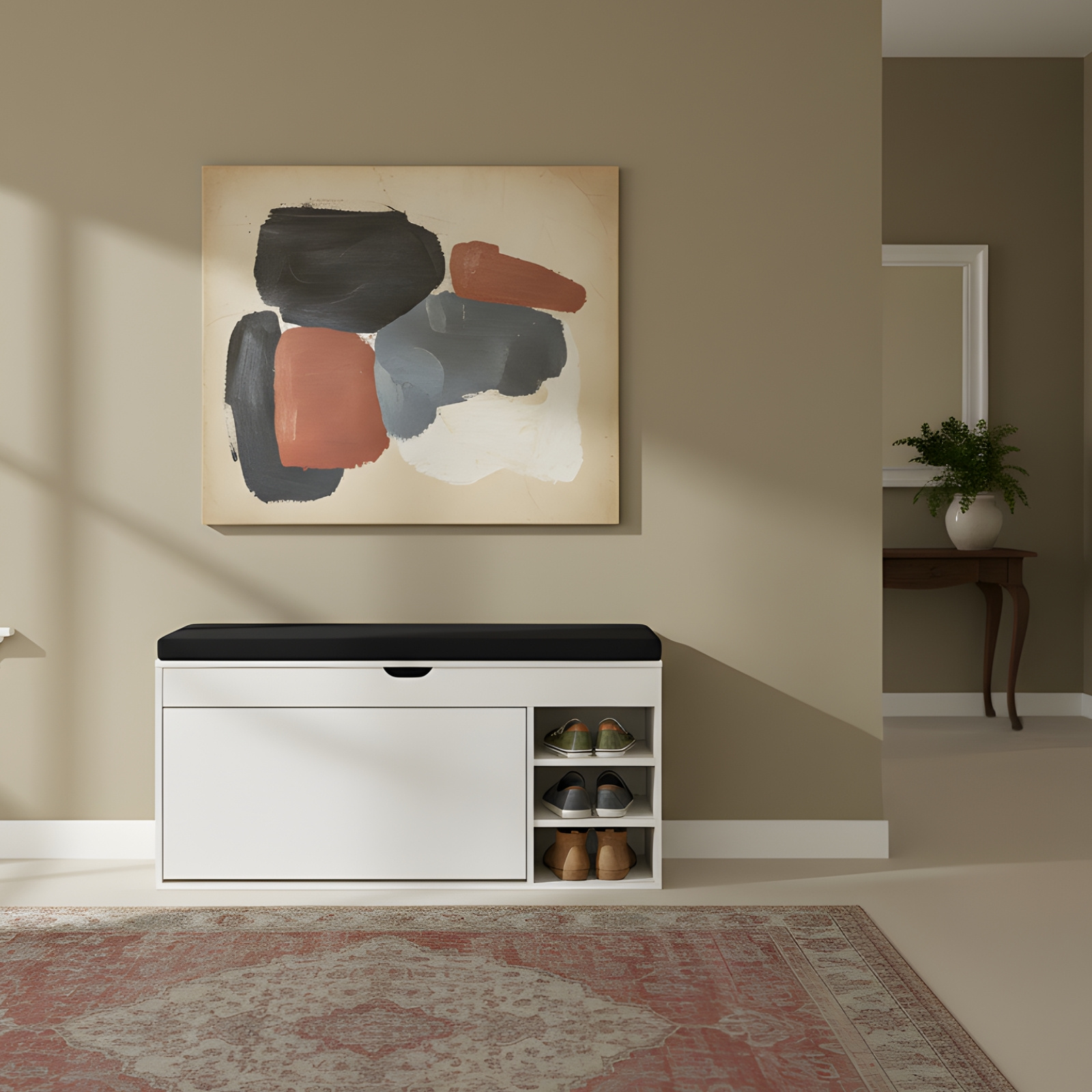 BOXIMO Botník bílý se sedákem a výsuvnými policemi GRADIA, 100 x 34 x 50 cm bílý