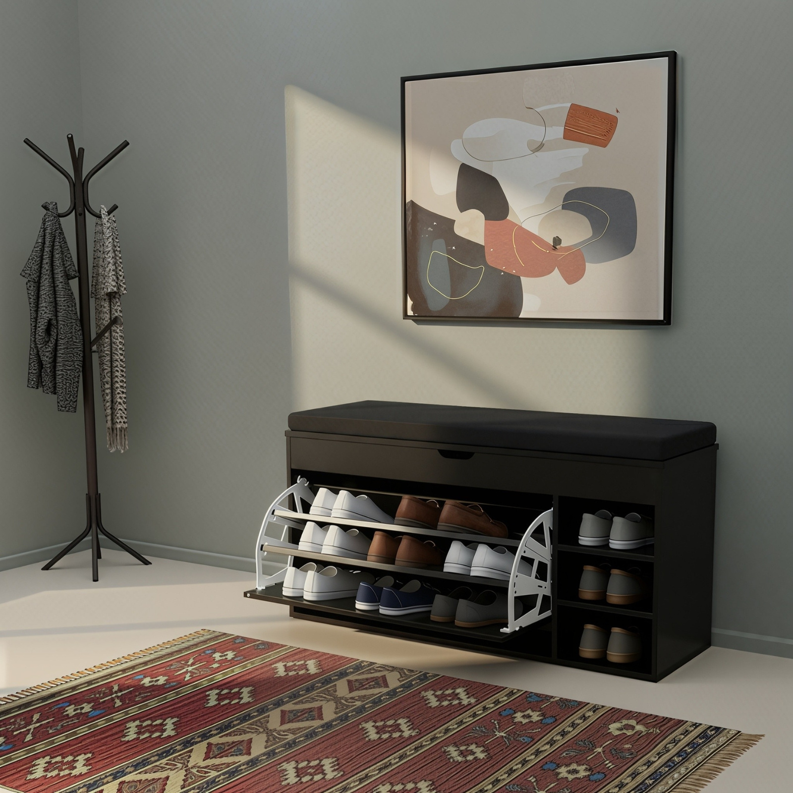 BOXIMO Botník černý se sedákem a výsuvnými policemi GRADIA, 100 x 34 x 50 cm černá