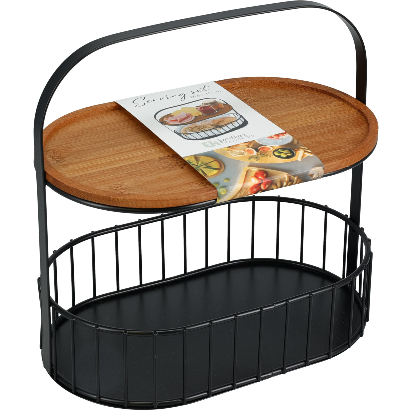 EH Excellent Houseware Podnos na servírování pochutin ALBA, kovový košík s rukojetí, 24 x 15 x 25 cm černá
