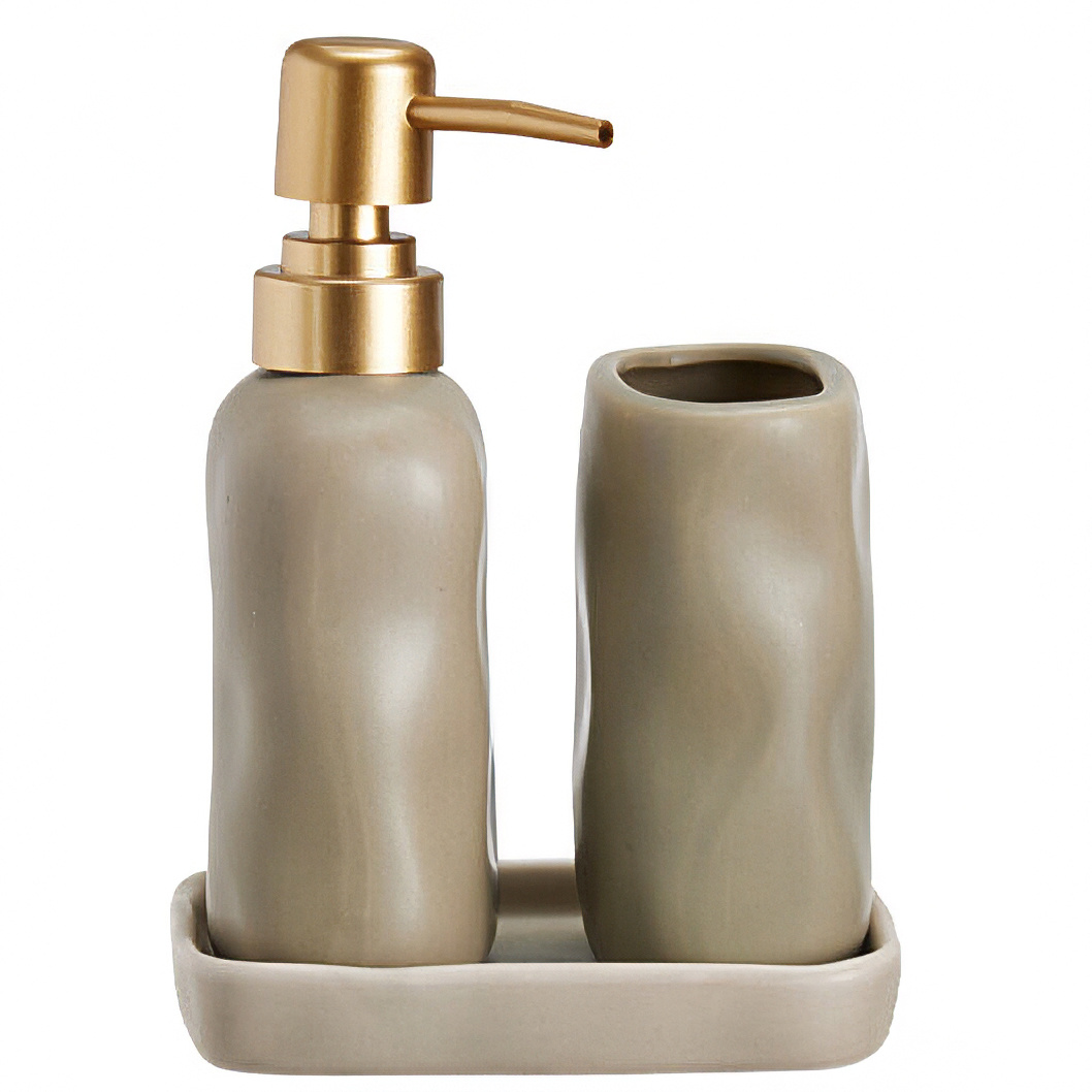 Bathroom Solutions Koupelnová sada EON, keramický dávkovač se zlatou pumpičkou, podnos béžová