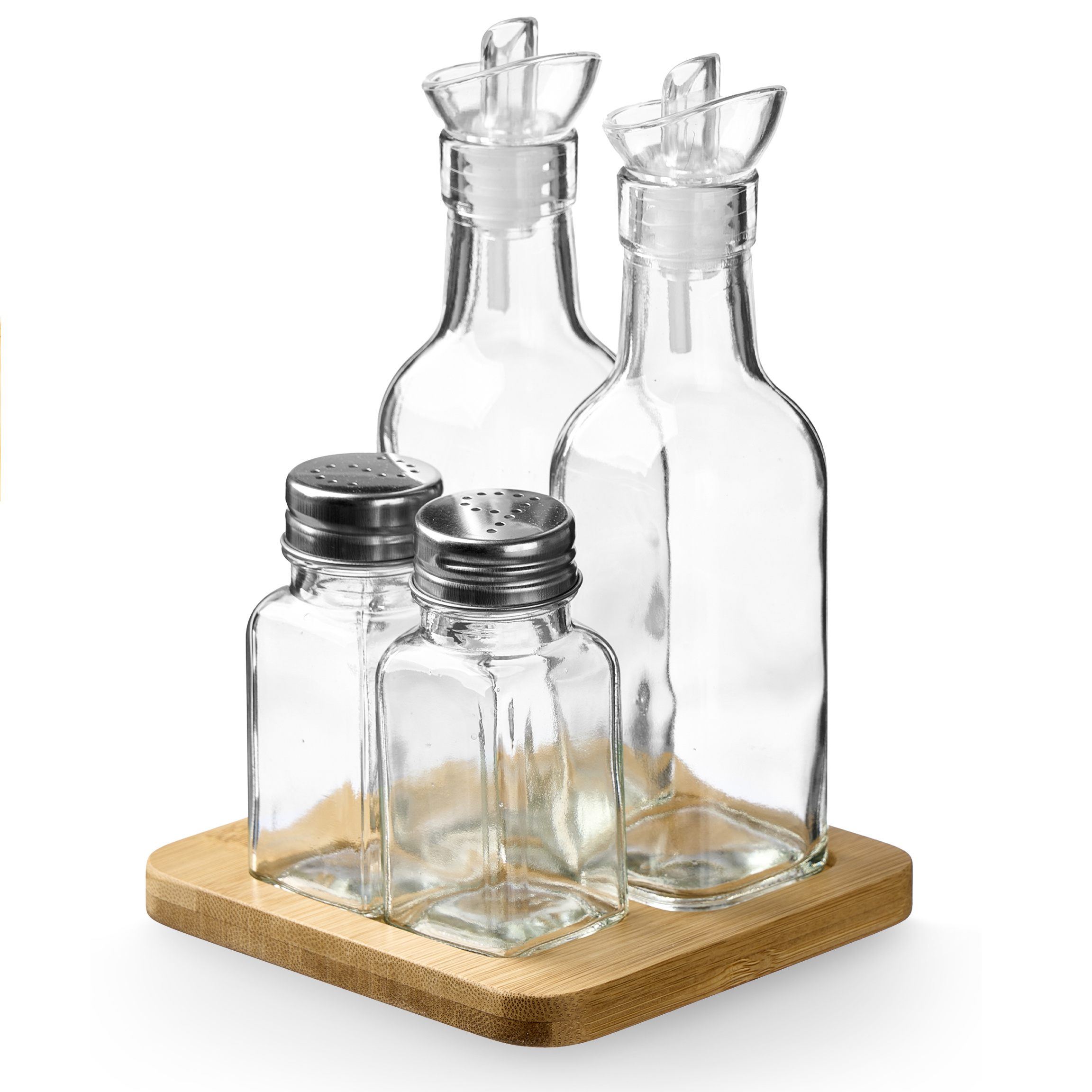 Vivalto Sada na koření a olej s dřevěnou základnou, 4 díly transparentní 103081
