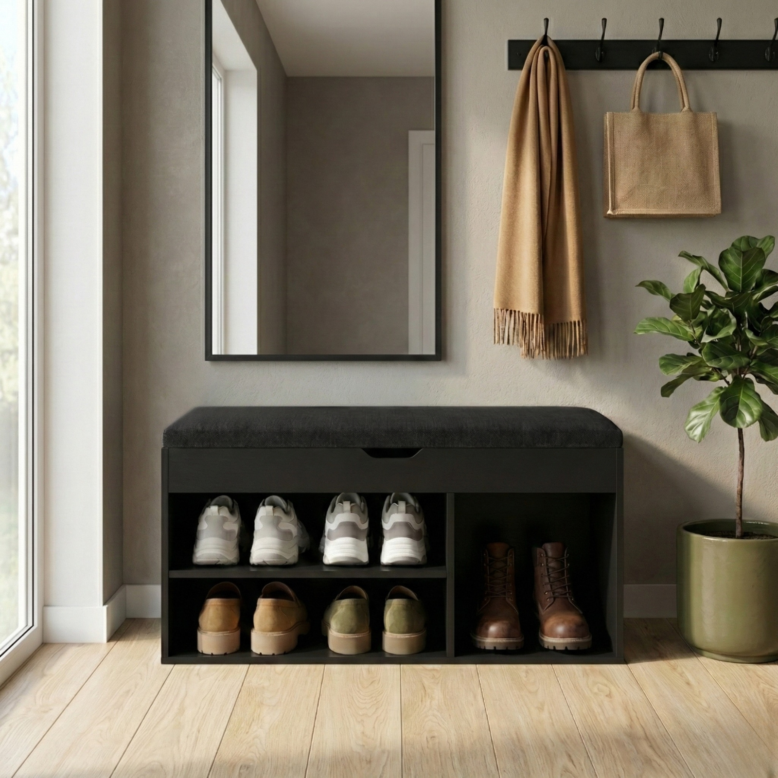 BOXIMO Botník se sedákem TRIA, 80 x 43 x 30 cm - černý černá 105699