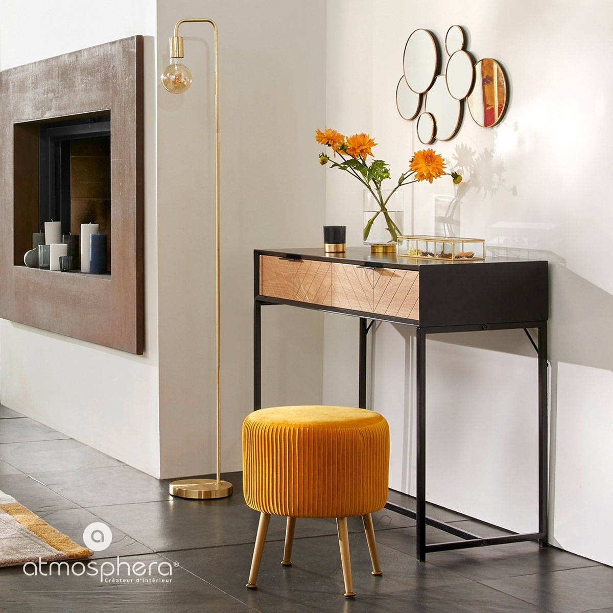 Atmosphera Stolička, taburet SOLARO O 35 cm, hořčicová barva žlutá