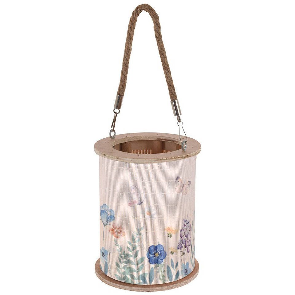Home Styling Collection Bambusová lucerná s lánovém úchytem, O 17 x 21,5 cm, květinový vzor béžový 62248