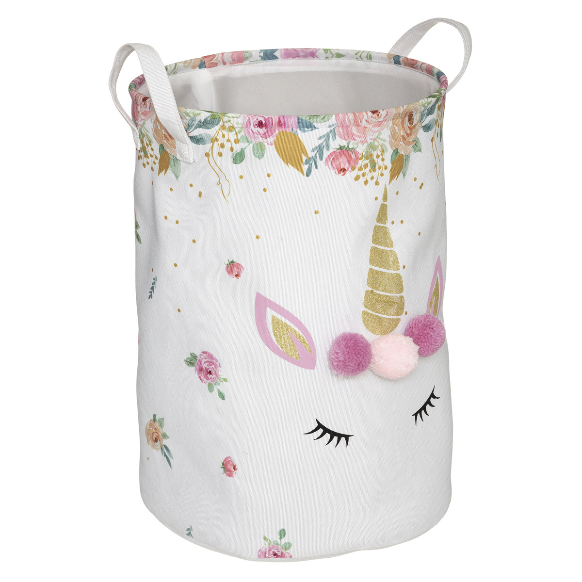 Atmosphera for kids Úložný koš na hračky s bambulemi UNICORN, Ø 35 cm bílá