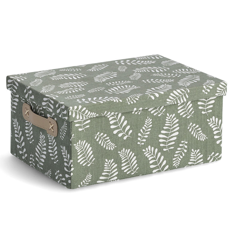 Zeller Úložný box s víkem, bavlněný, motiv listů, zelený, 36 x 26 x 13,5 cm zelený
